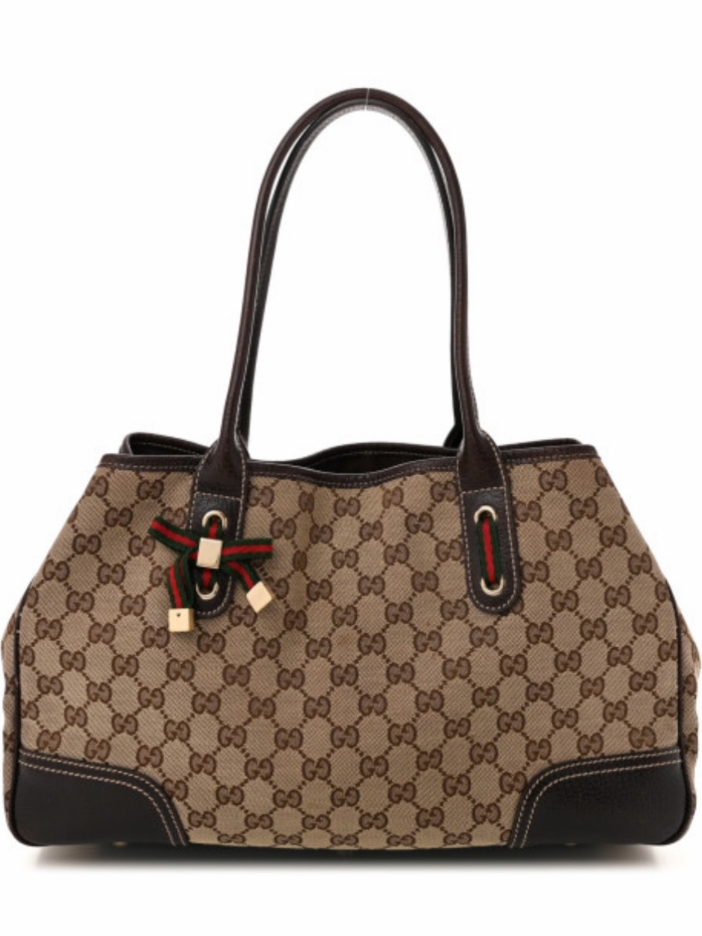 Gucci Beige Brown GG Canvas Tote with Green Red Ribbon